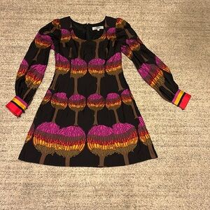 Tibi Silk and Wool Blend Long Sleeve Dress Size 2 Tree Print Mod 70s Abstract
